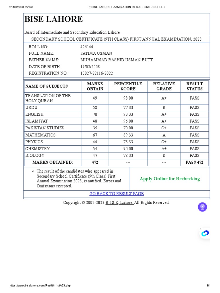 Bise Lahore Examination Result Status Sheet PDF