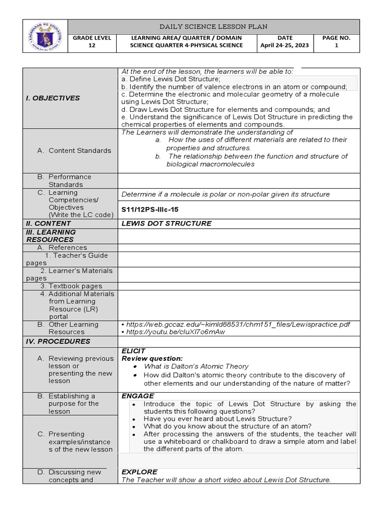 Lesson Plan For LEWIS DOT STRUCTURE | PDF | Teaching Methods & Materials