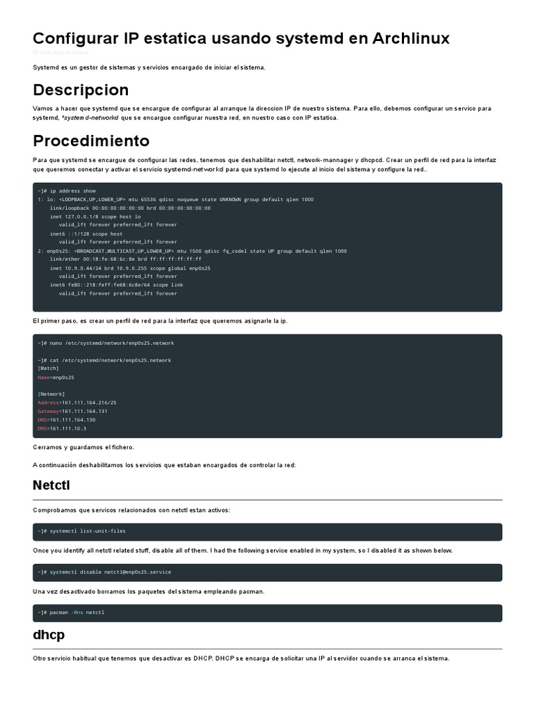 Configurar IP estatica usando systemd en Archlinux PDF
