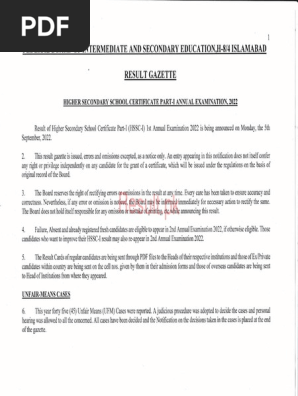 Fbise 1st Year Result 2022 Gazette