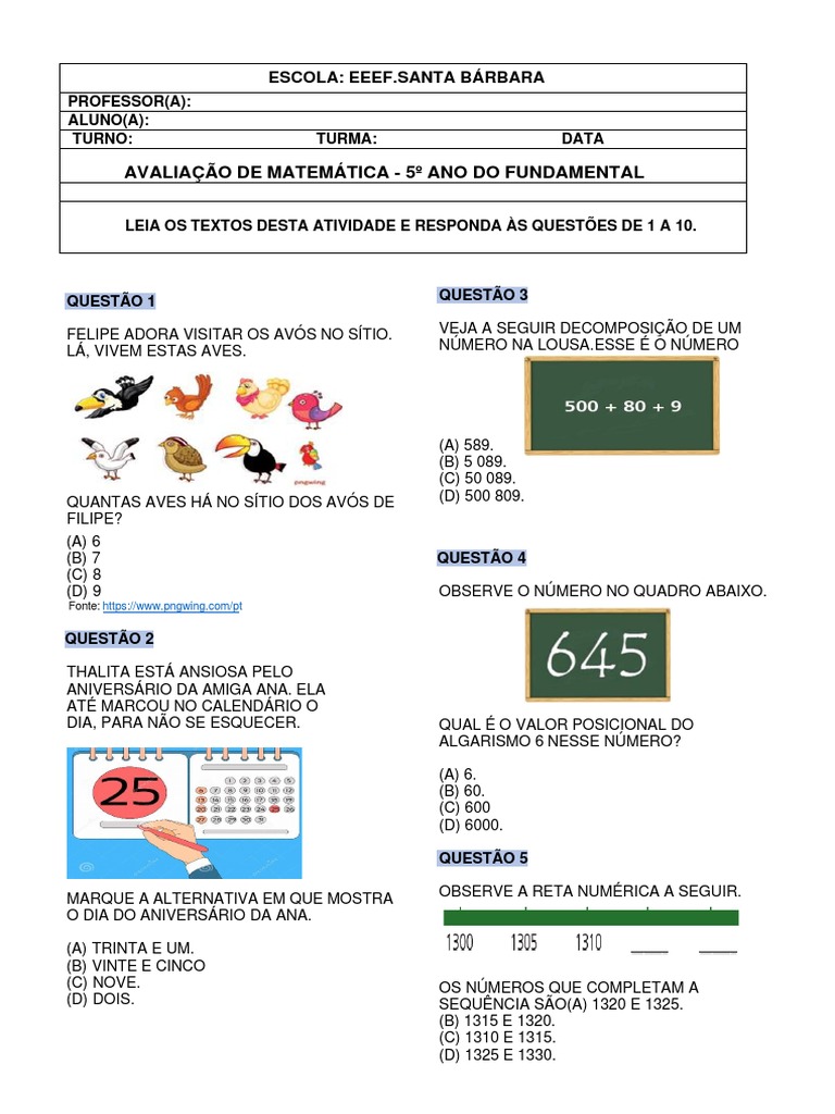 1 AVALIAÇÃO DE MATEMÁTICA 5º Ano | PDF