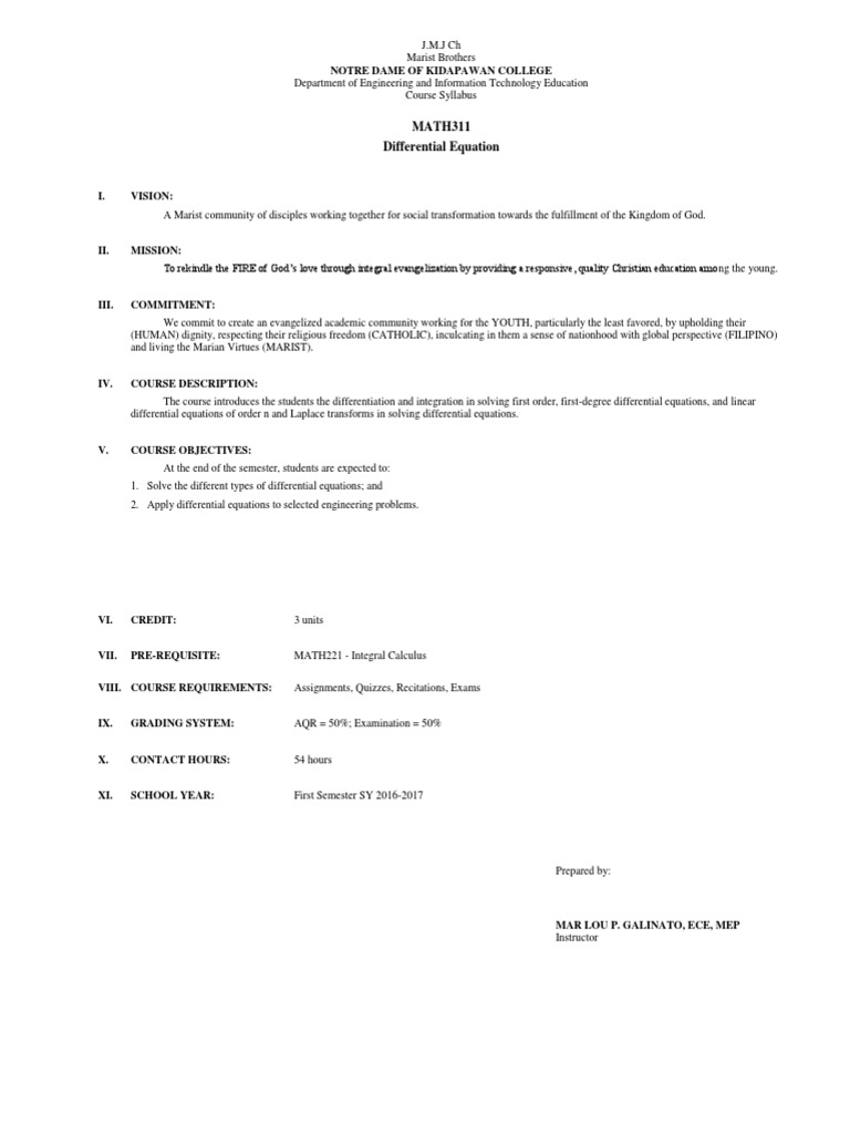 MATH311Differential Equation SYLLABUS PDF