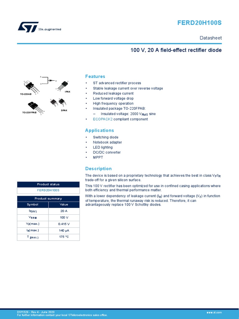 FERD20H100S 100 V, 20 A FieldEffect Rectifier Diode PDF