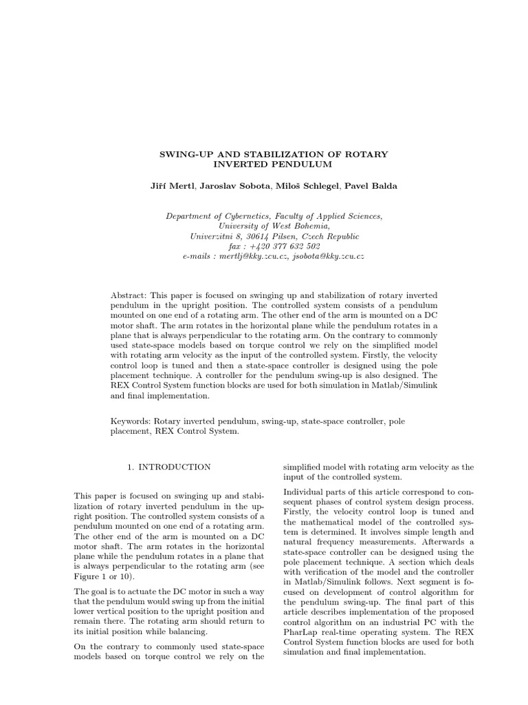 Swing Up And Stabilization Of Rotary Inverted Pendulum Jirı Mertl Pdf