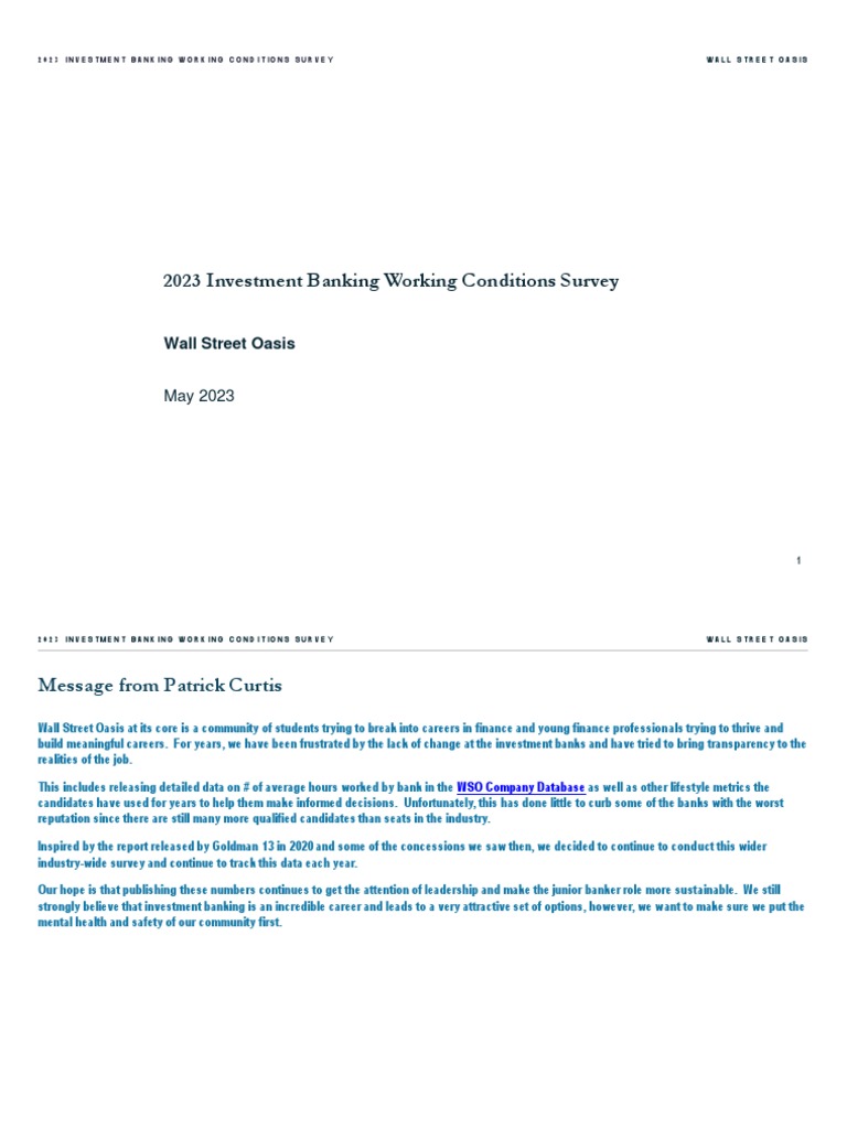 2023 WSO IB Working Conditions Survey | PDF | Investment Banking | Ubs