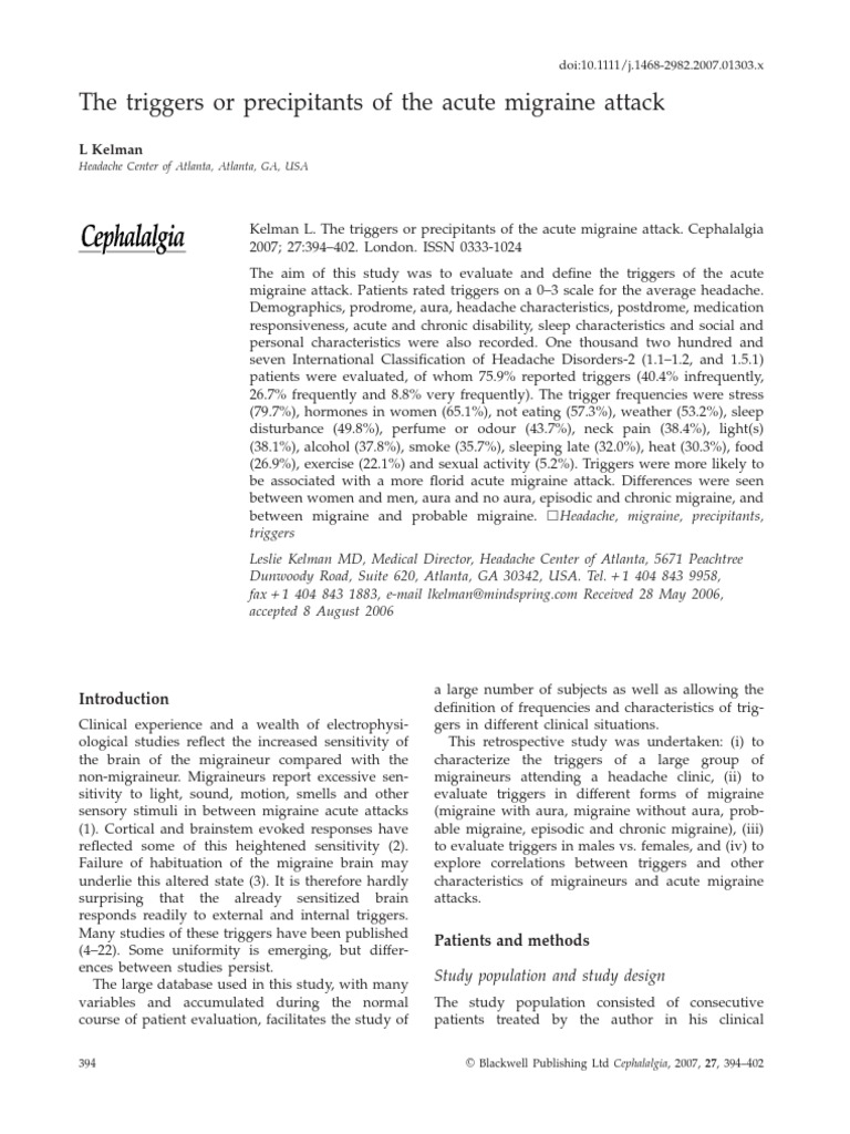 Kelman 2007 the triggers or precipitants of the acute migraine attack