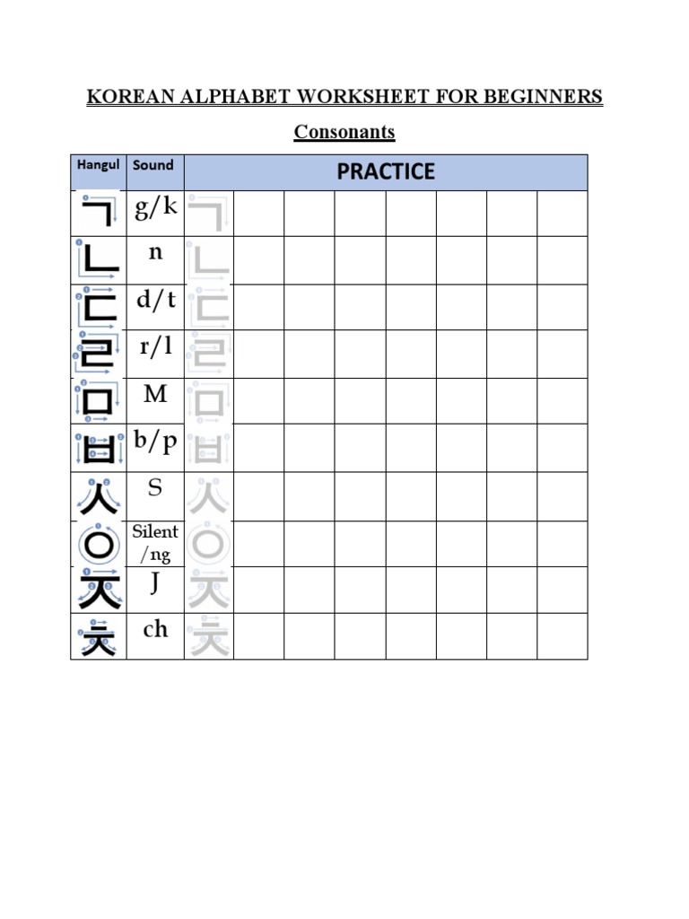 Korean Alphabet Worksheet For Beginners PDF