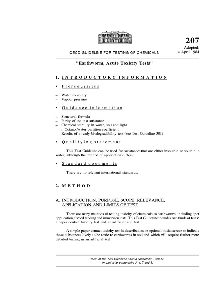 OECD 207 Earthworm Acute Toxicity Tests | PDF | Soil | Solvent