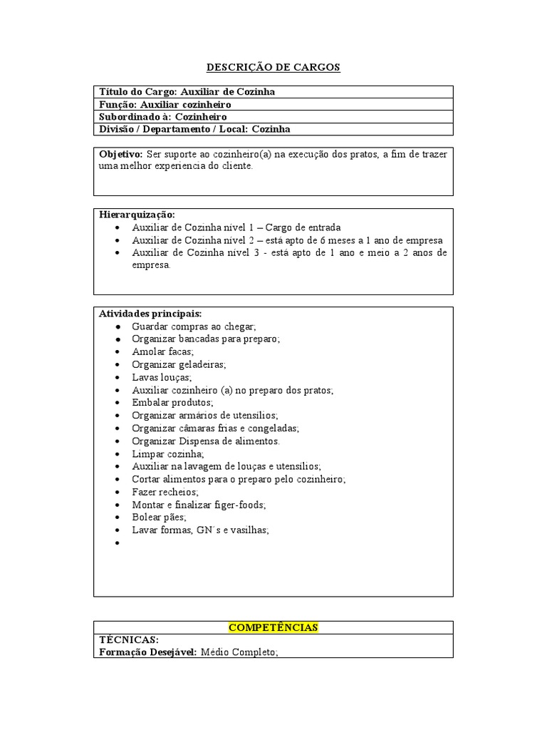 Descrição do Cargo: Auxiliar de Cozinha | PDF | Carreira e Crescimento ...