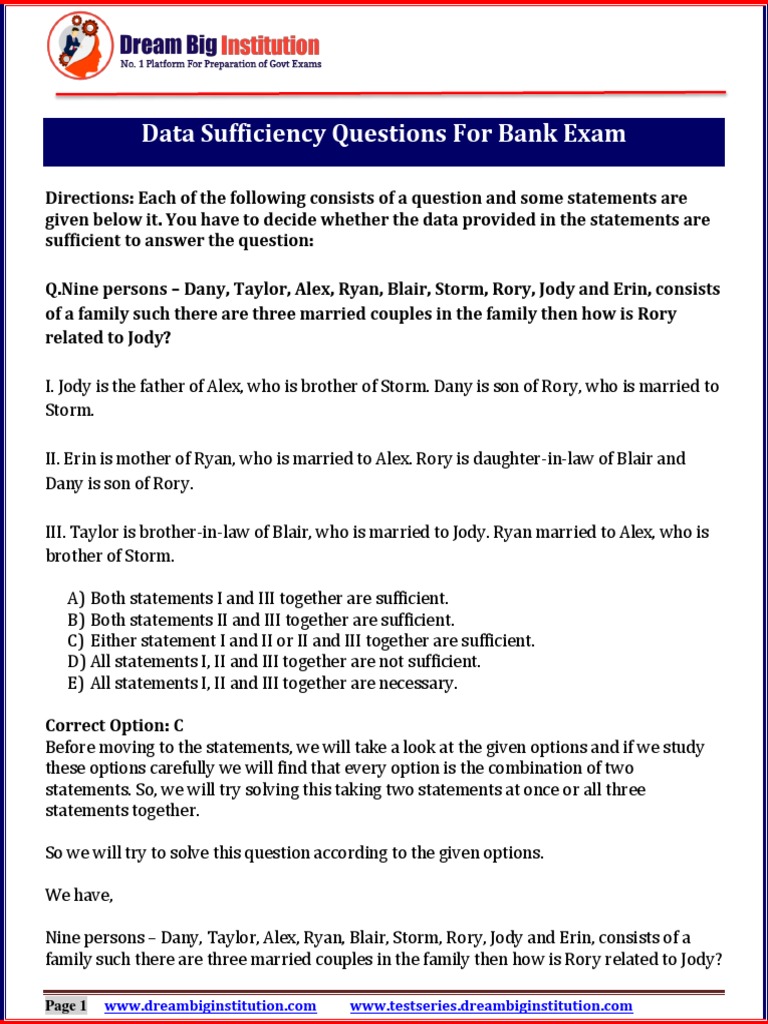 Data sufficiency questions for bank exam pdf