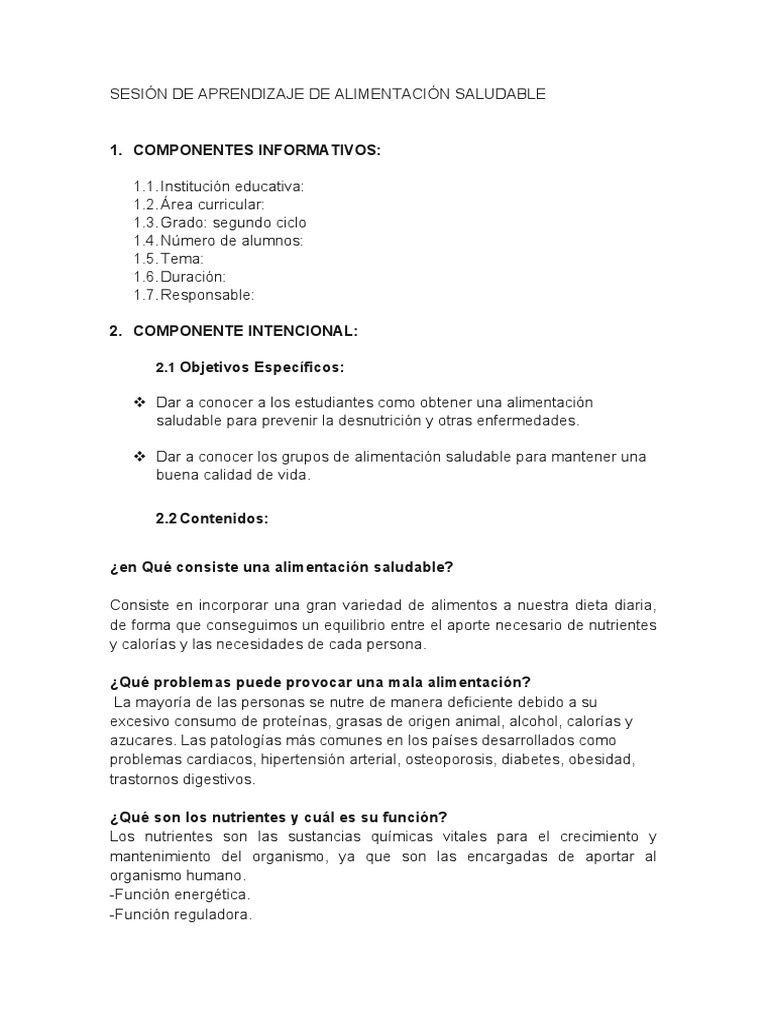 Sesión De Aprendizaje De Alimentación Saludable Pdf