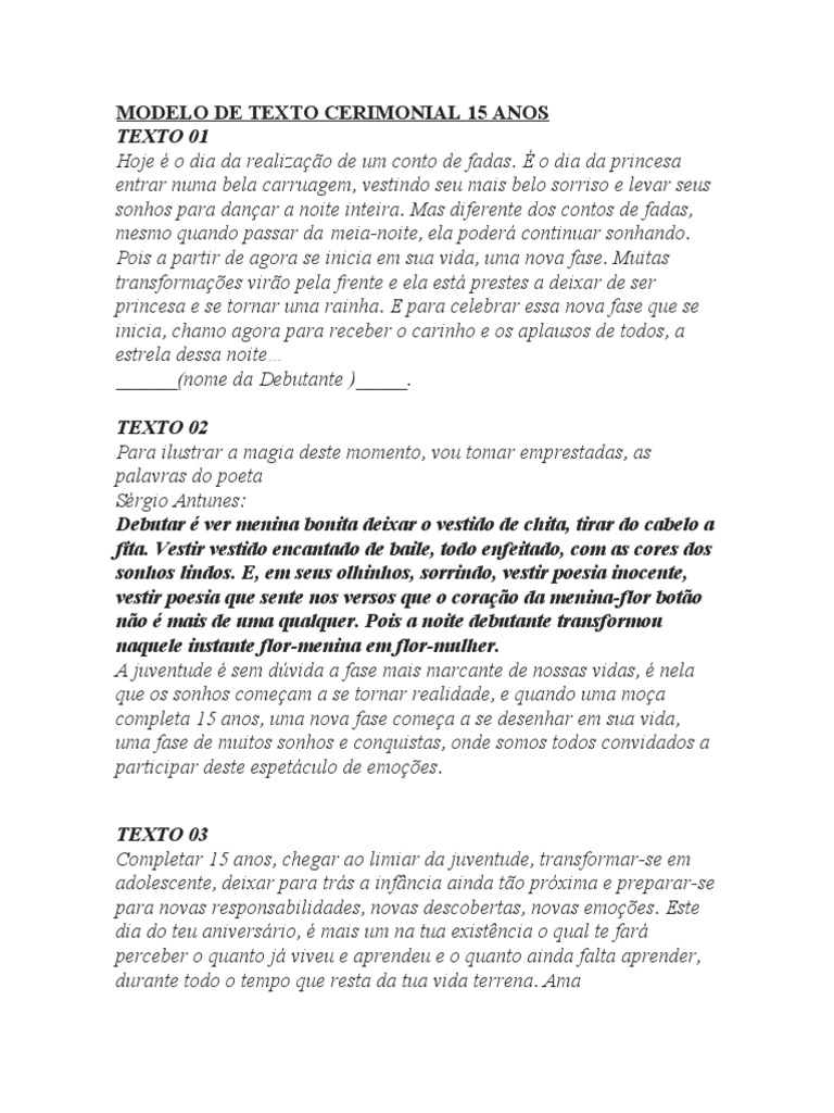 Modelo de Texto Cerimonial 15 Anos | PDF | Felicidade | Aniversários