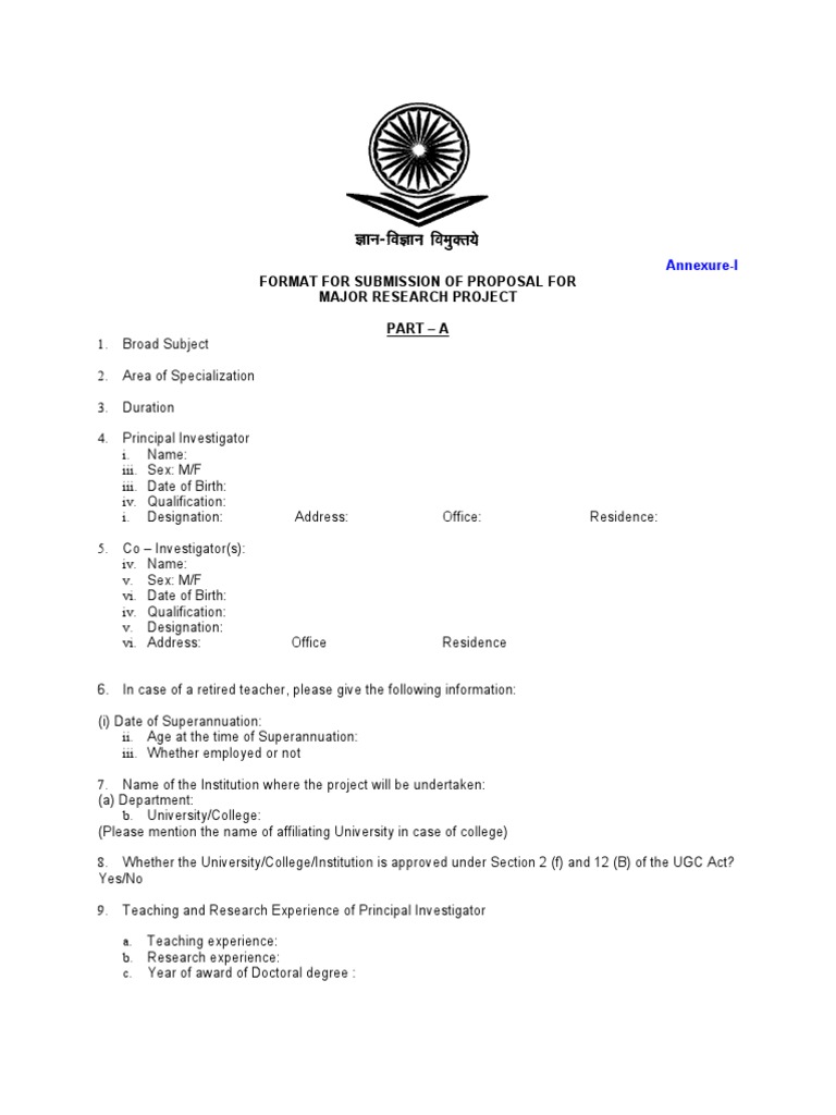 Format For Submission of Proposal For Major Research Project Part - A | PDF