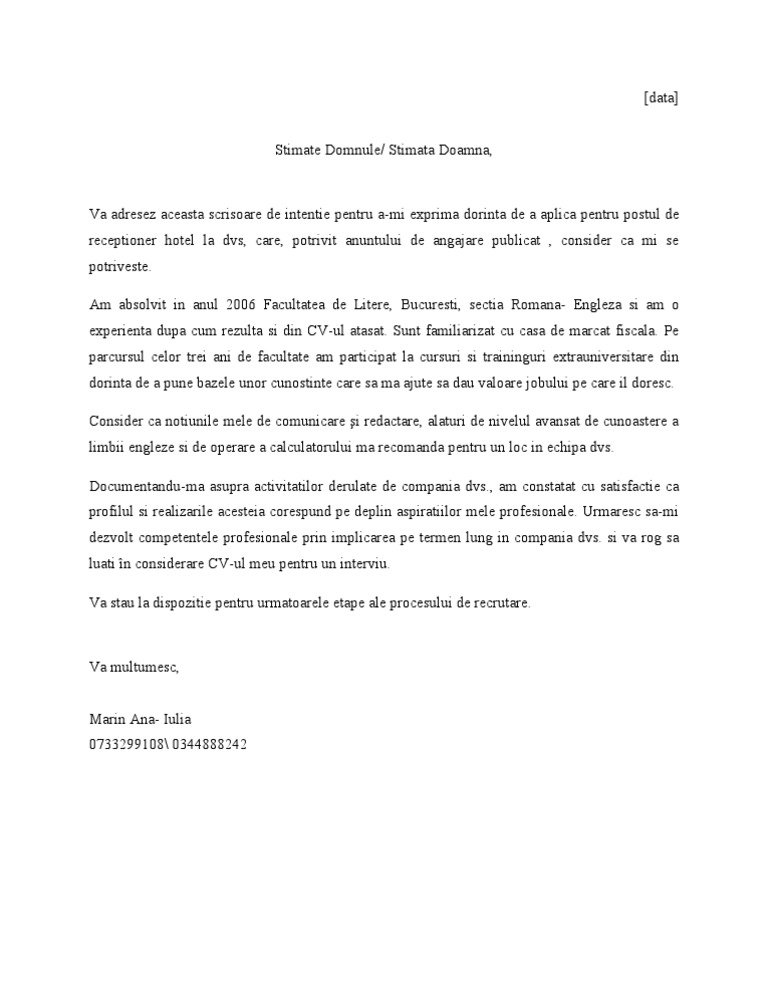 Model Scrisoare de Intentie