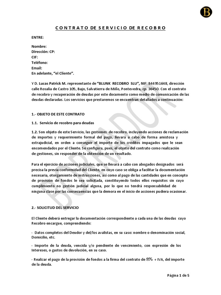 Contrato de Servicio de Recobro de Deudas | PDF | Pagos | Economias