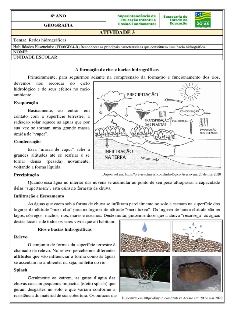 6o GEO Atividade 3 A Formacao de Rios e Bacias Hidrograficas | PDF ...