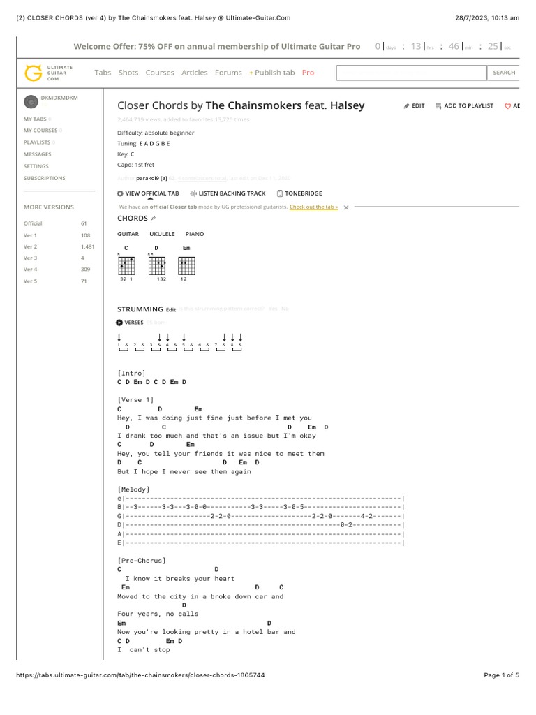 Closer chords ver 4 by the chainsmokers feat halsey at ultimate