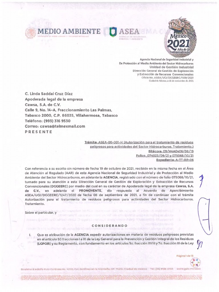6.-Permiso Tratamiento de RP, Aguas Aceitosas. Asea-Ugi-Dgggeerc-1539 ...