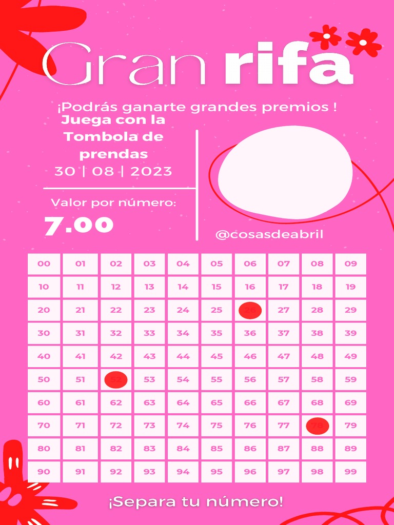 Tablero de Rifa Rosa del 1 al 100 | PDF