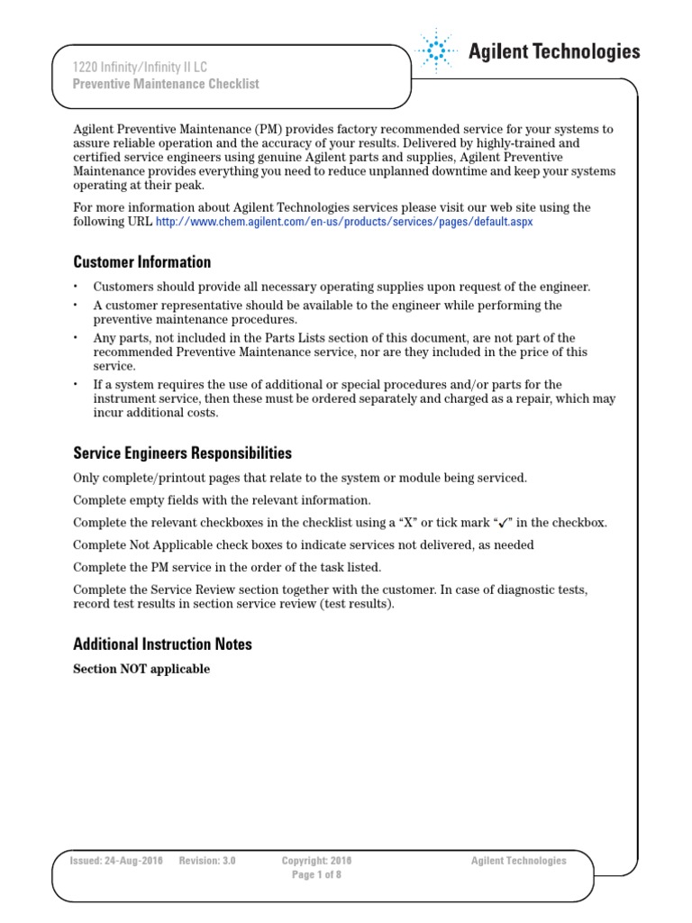 1220InfinityInfinity2LC Preventive Maintenance Checklist PDF High