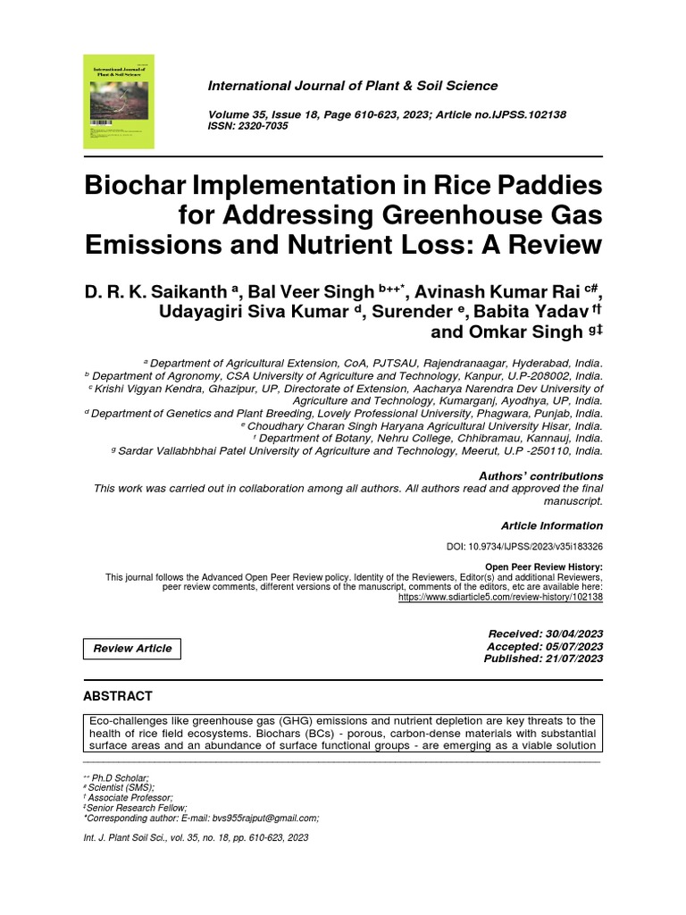 Biochar implementation in rice paddies for addressing greenhouse gas