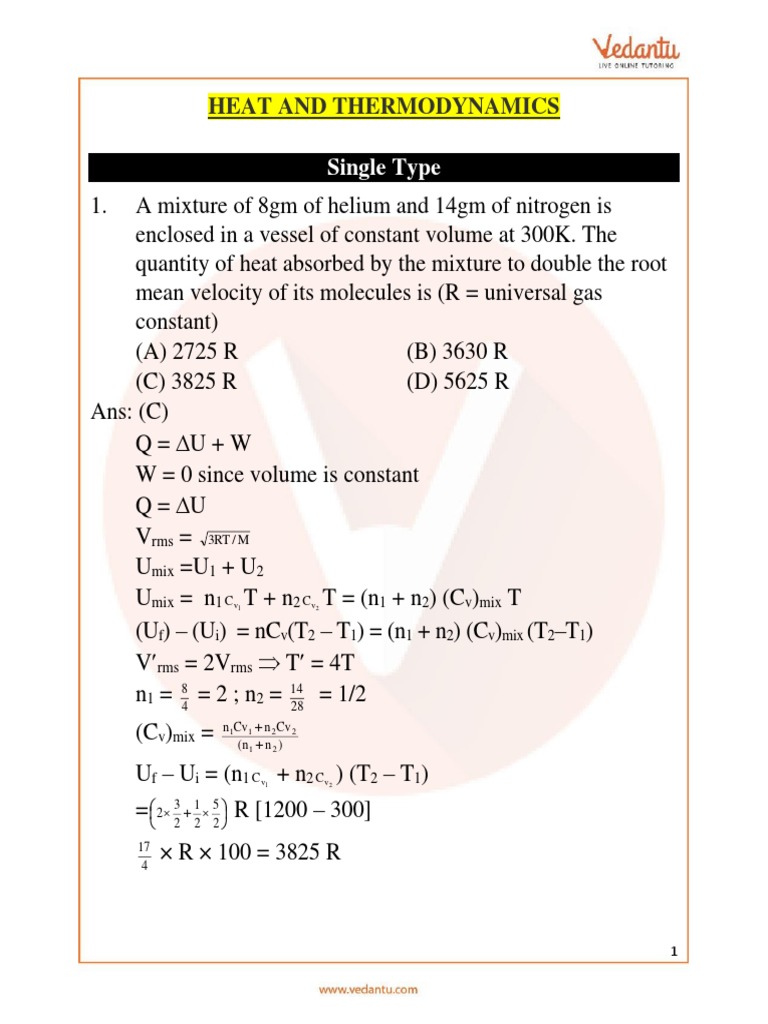 JEE Advanced Heat and Thermodynamics Important Questions | PDF | Gases ...