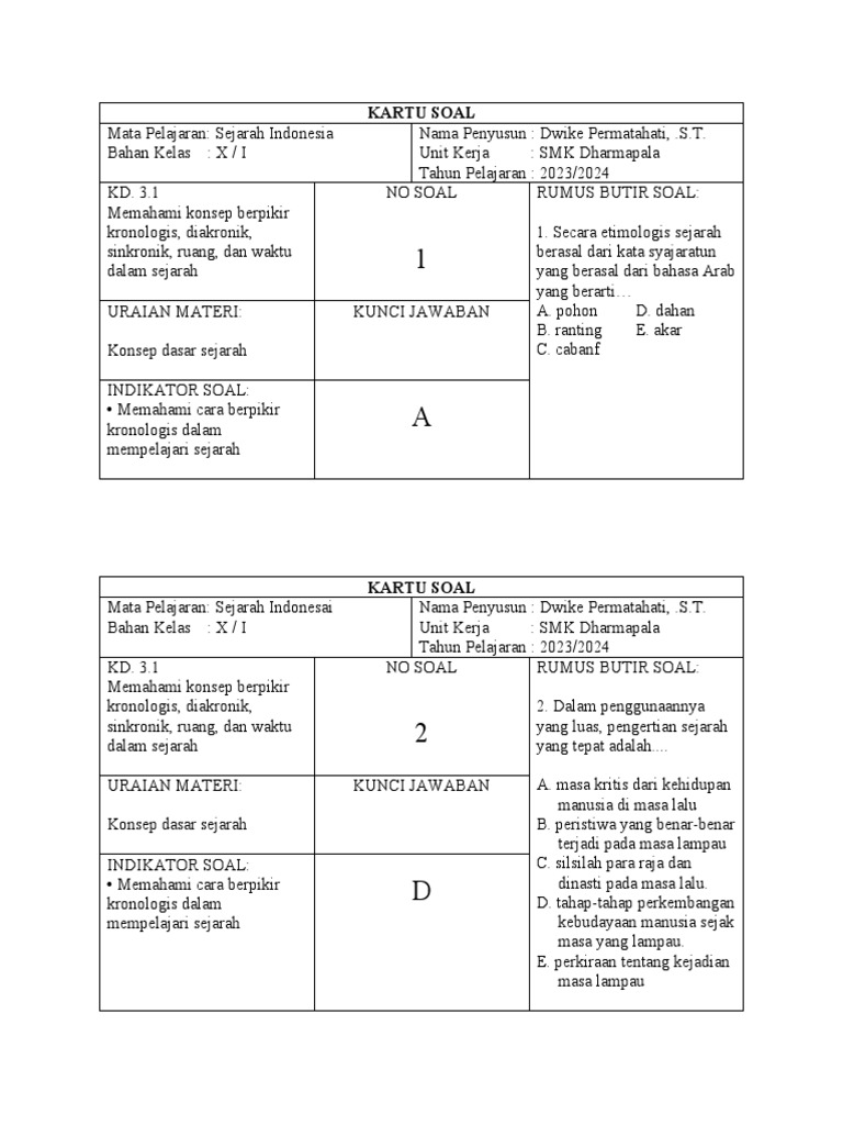 Kartu Soal Sejarah Dwike | PDF