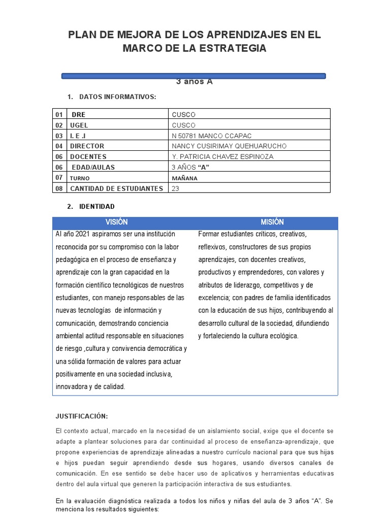 Plan de Mejora de Aprendizajes 2021 | PDF | Enseñando | Aprendizaje