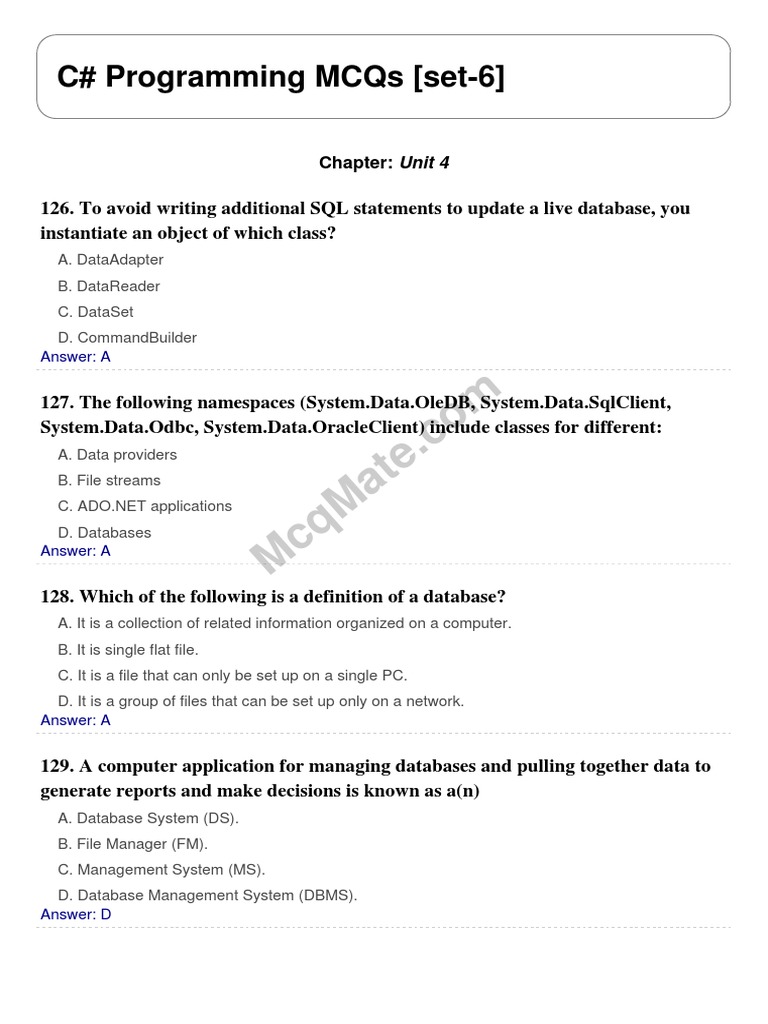 C# Programming Solved MCQs (Set-6) | PDF