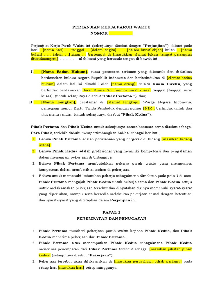 Contoh Perjanjian Kerja Paruh Waktu | PDF