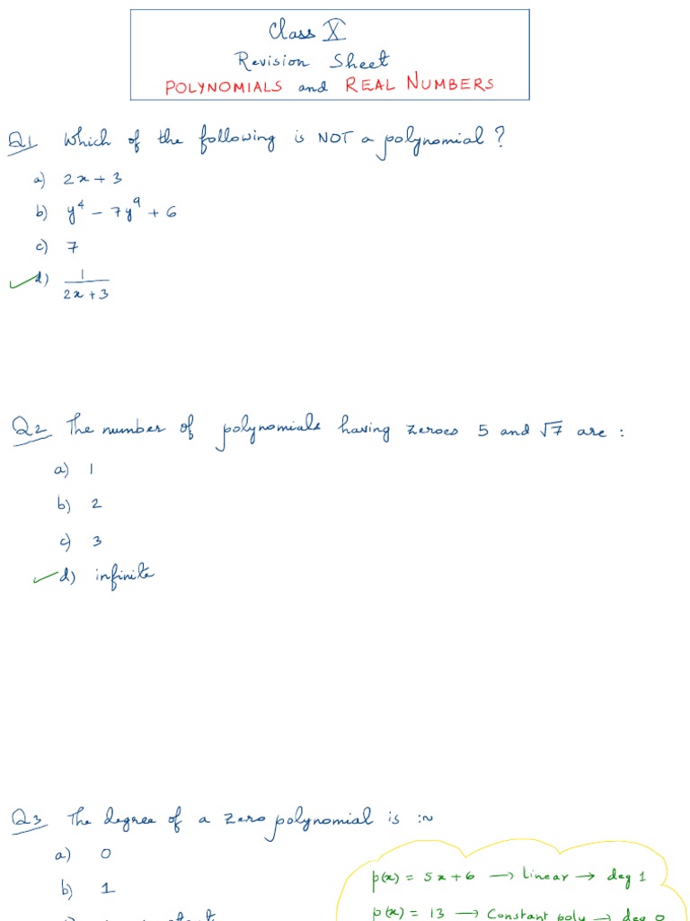 10 - Revision Sheet - Polynomials &amp; Real Numbers (Solved) | PDF