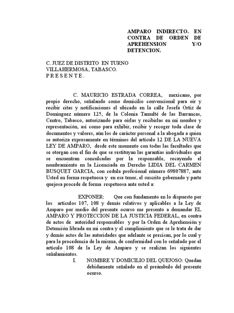 Amparo Indirecto contra Orden de Aprehensión | PDF | Violación ...