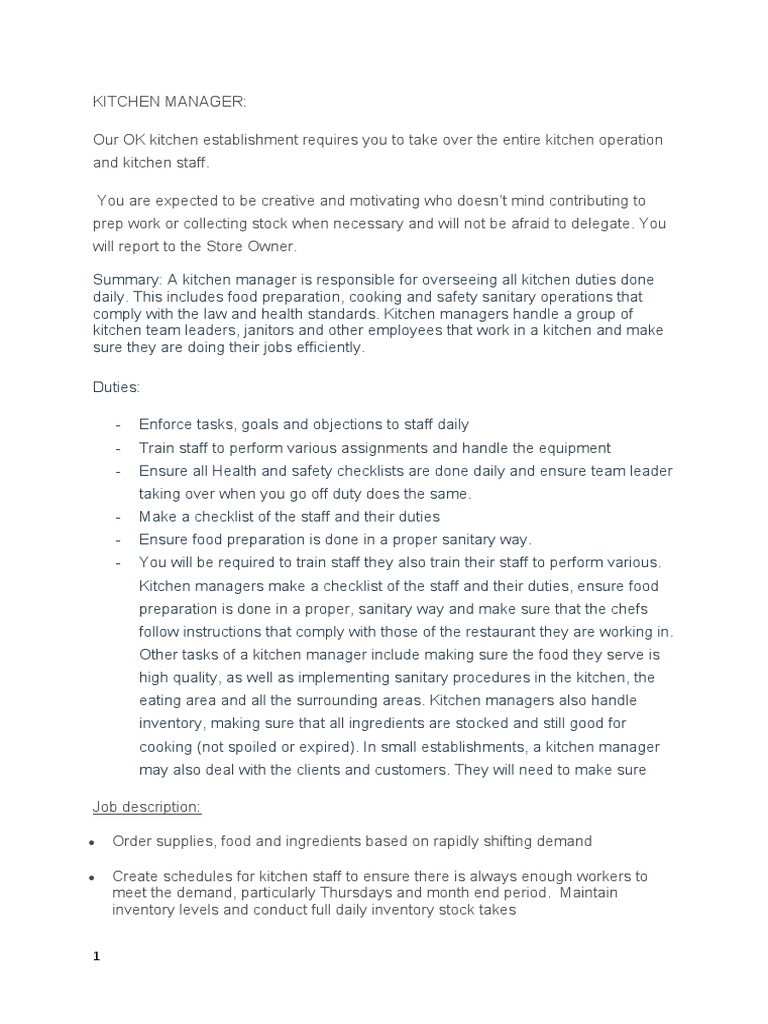Kitchen Manager Job Description PDF