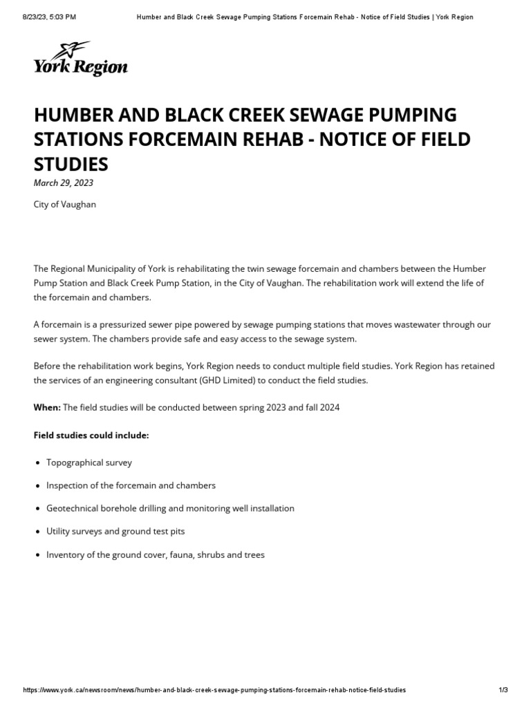 Humber and black creek sewage pumping stations forcemain rehab notice