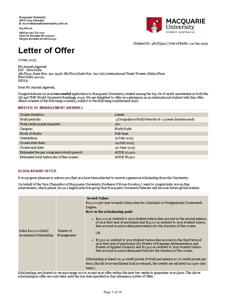 Macquarie University Admission Offer Letter | PDF