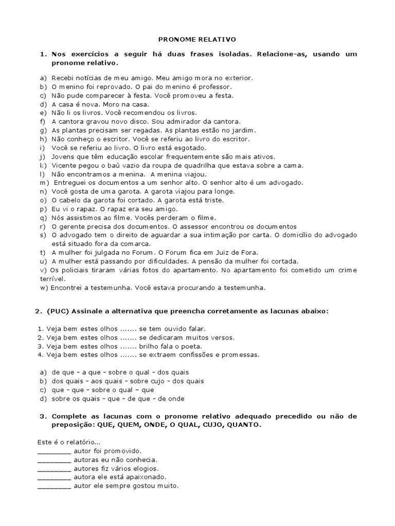 Atividades sobre Pronomes Relativos | PDF | Pronome