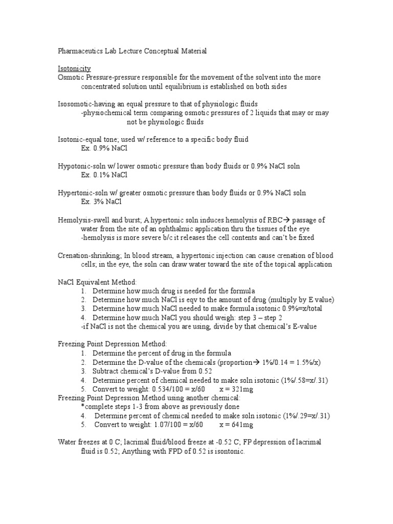 Pharmaceutics Lab Lecture Conceptual Material Osmosis Solution