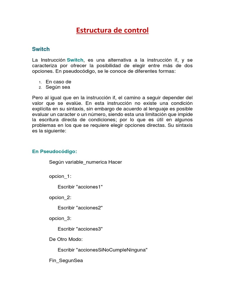 Estructura de Control Switch en Pseudocódigo | PDF | Informática