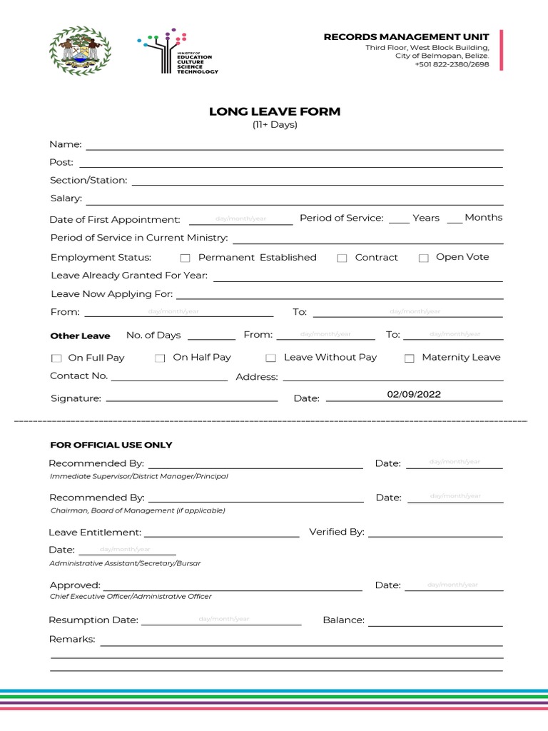 Long Leave Form - Ministry of Education, Culture, Science and