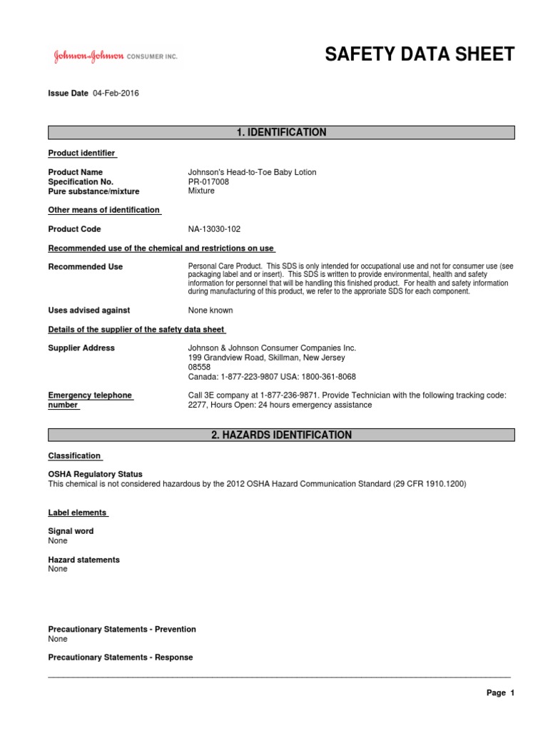 Baby Lotion Msds PDF Occupational Safety And Health Safety