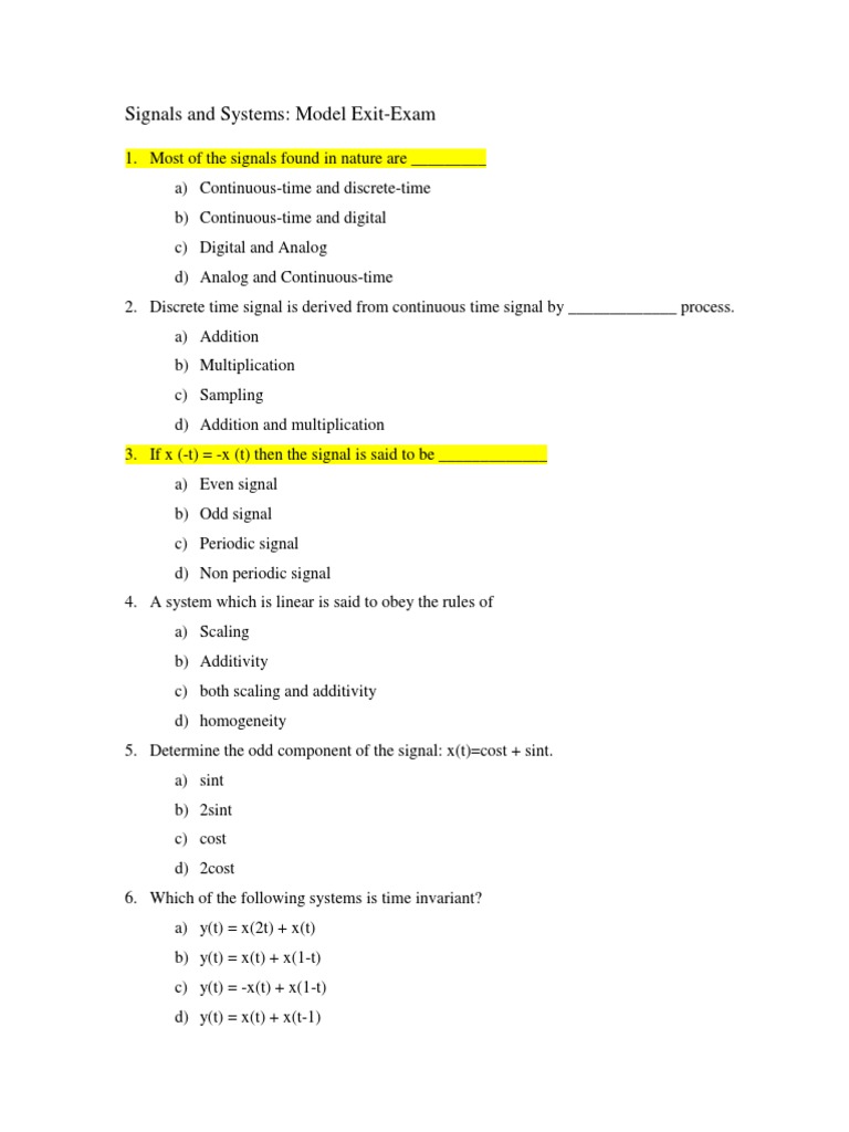 Signals and Systems Model Exit Exam | PDF | Fourier Transform ...