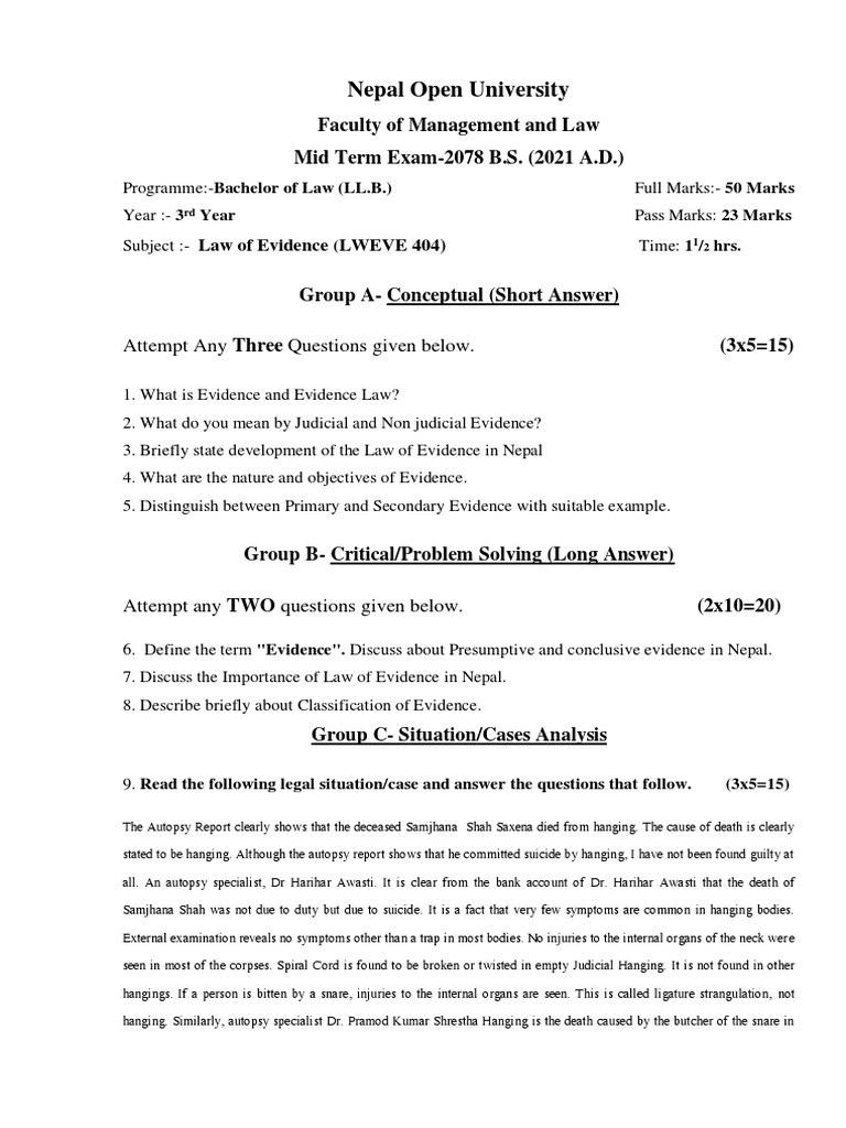 Law of Evidence Mid Term Exam PDF Autopsy Hanging