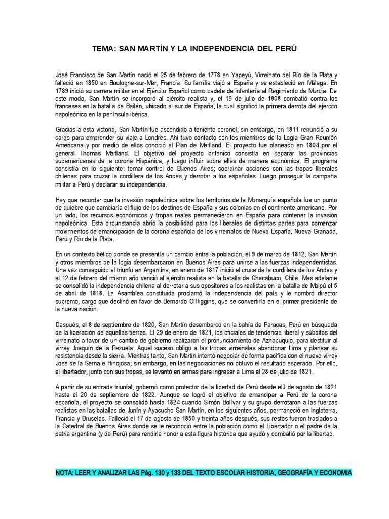 San Martín y La Independencia Del Perú - 3° | PDF | Operaciones ...
