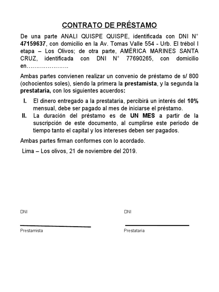 Contrato de Préstamo de 800 Soles | PDF | Finanzas y dinero