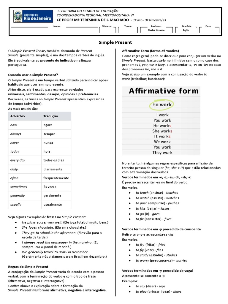 Regras do Simple Present em Inglês | PDF | Assunto (gramática ...