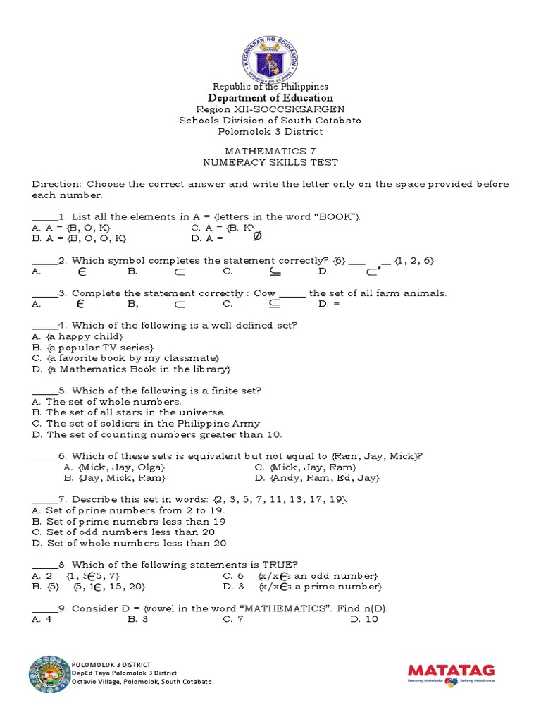 Grade 7 Mathematics Numeracy Test | PDF | Numbers | Multiplication