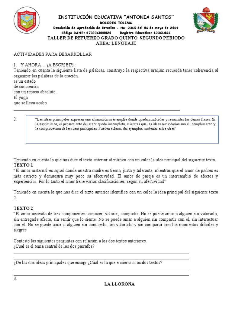 Taller de Lenguaje para Quinto Grado | PDF | Estudios de idiomas ...