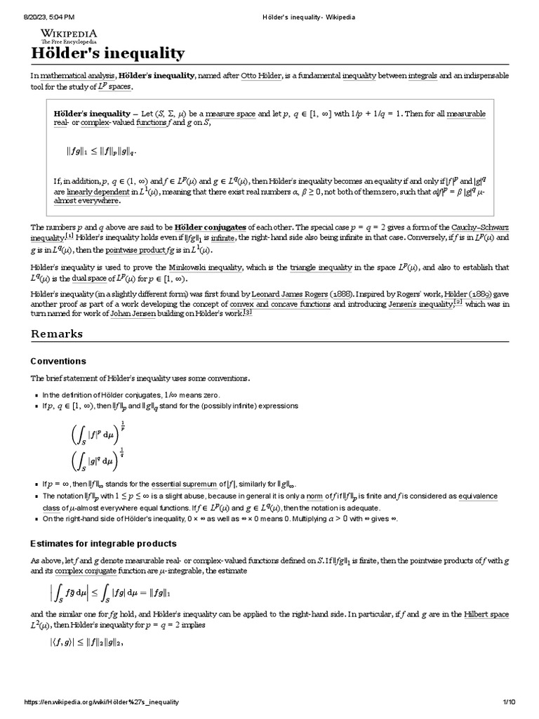Hölder's Inequality Wikipedia PDF Abstract Algebra Functional Analysis