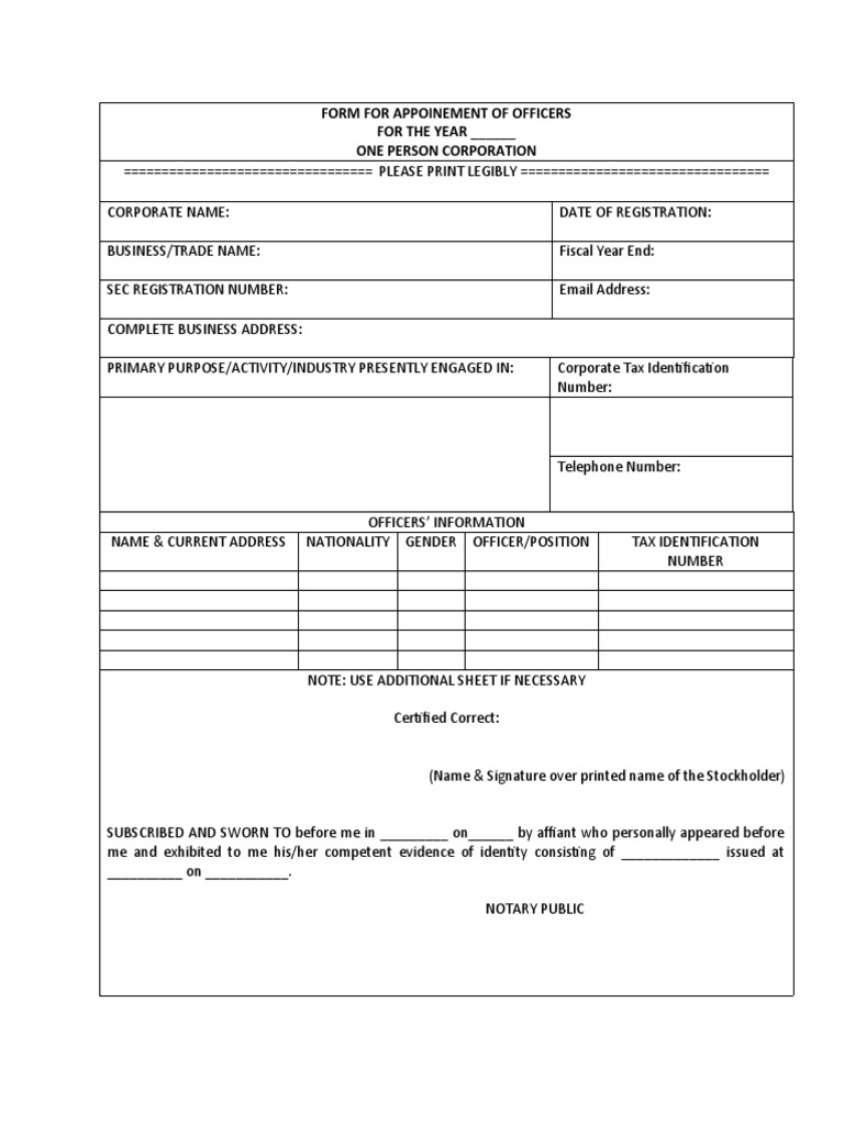 Form for Appoiintment of Officers OPC - Draft | PDF