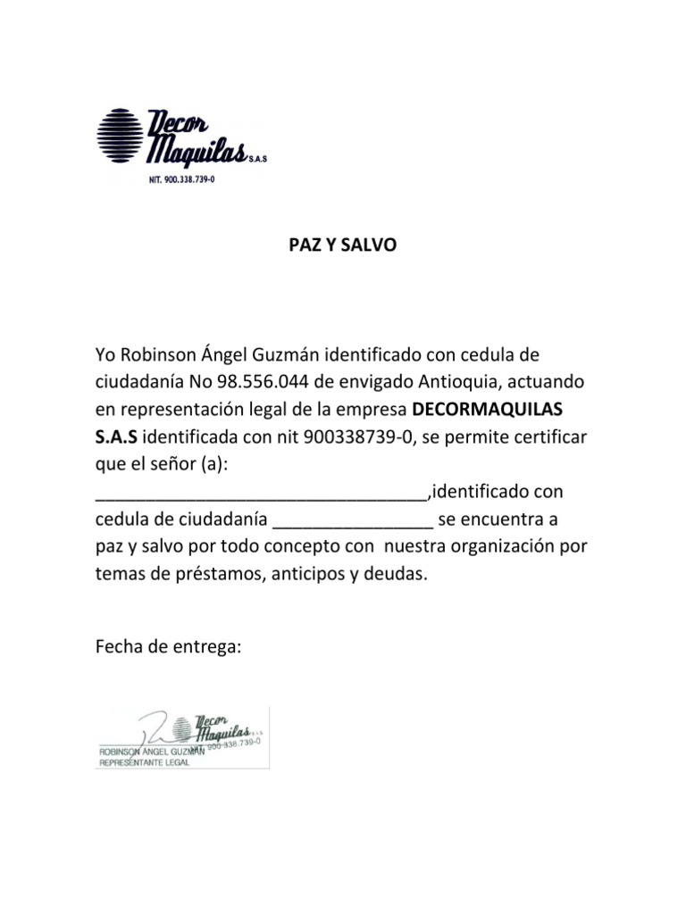 Paz y Salvo Decormaquilas 2021 | PDF